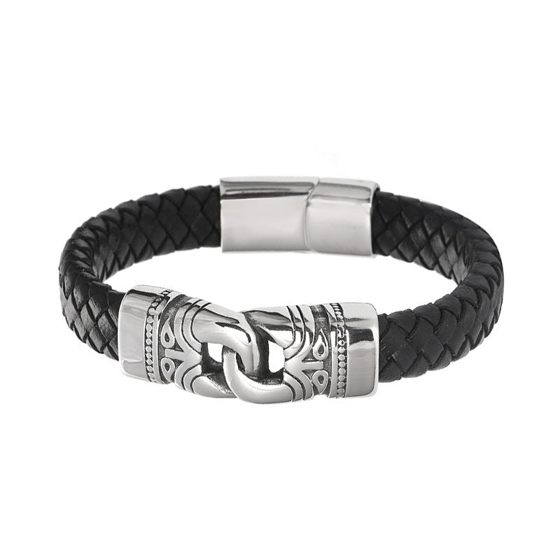 Stainless Steel and Black Braided Calf Leather