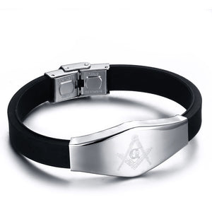 Stainless Steel Plate with Freemason Lasered Logo and Black Silicon Strap