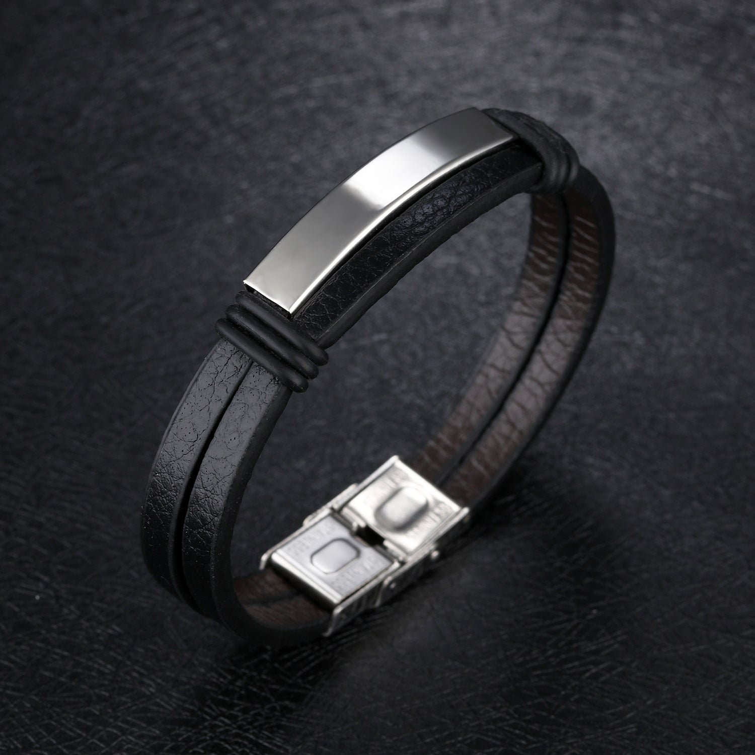 Stainless Steel Plate and Clasps with Black Calf Leather