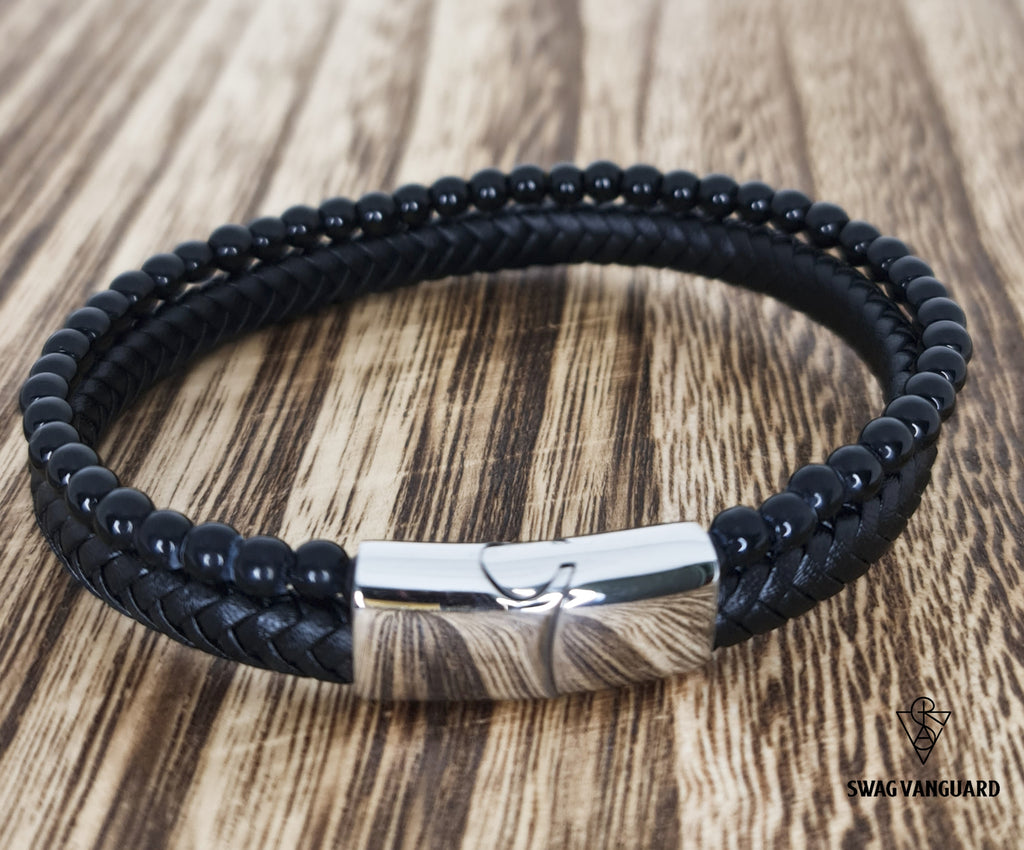 Stainless Steel Clasps, Black Braided Calf Leather and 4mm Black Beads
