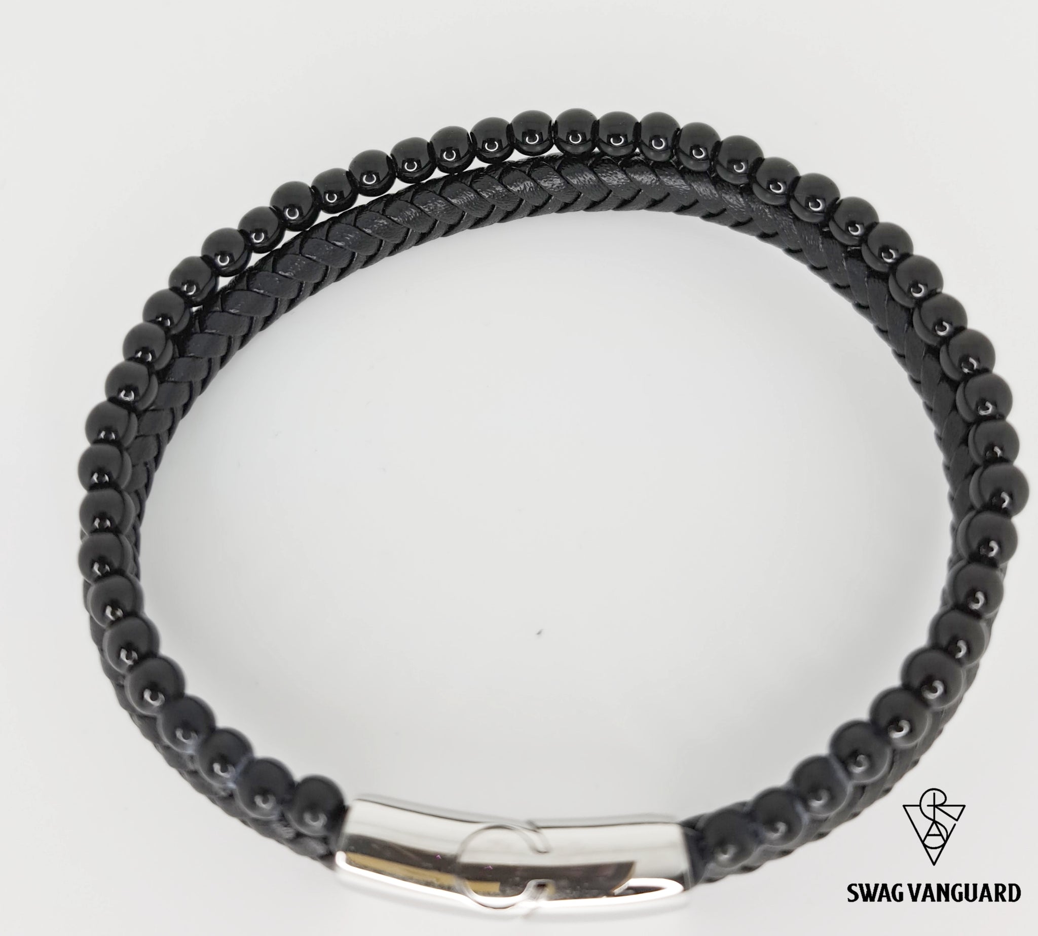 Stainless Steel Clasps, Black Braided Calf Leather and 4mm Black Beads