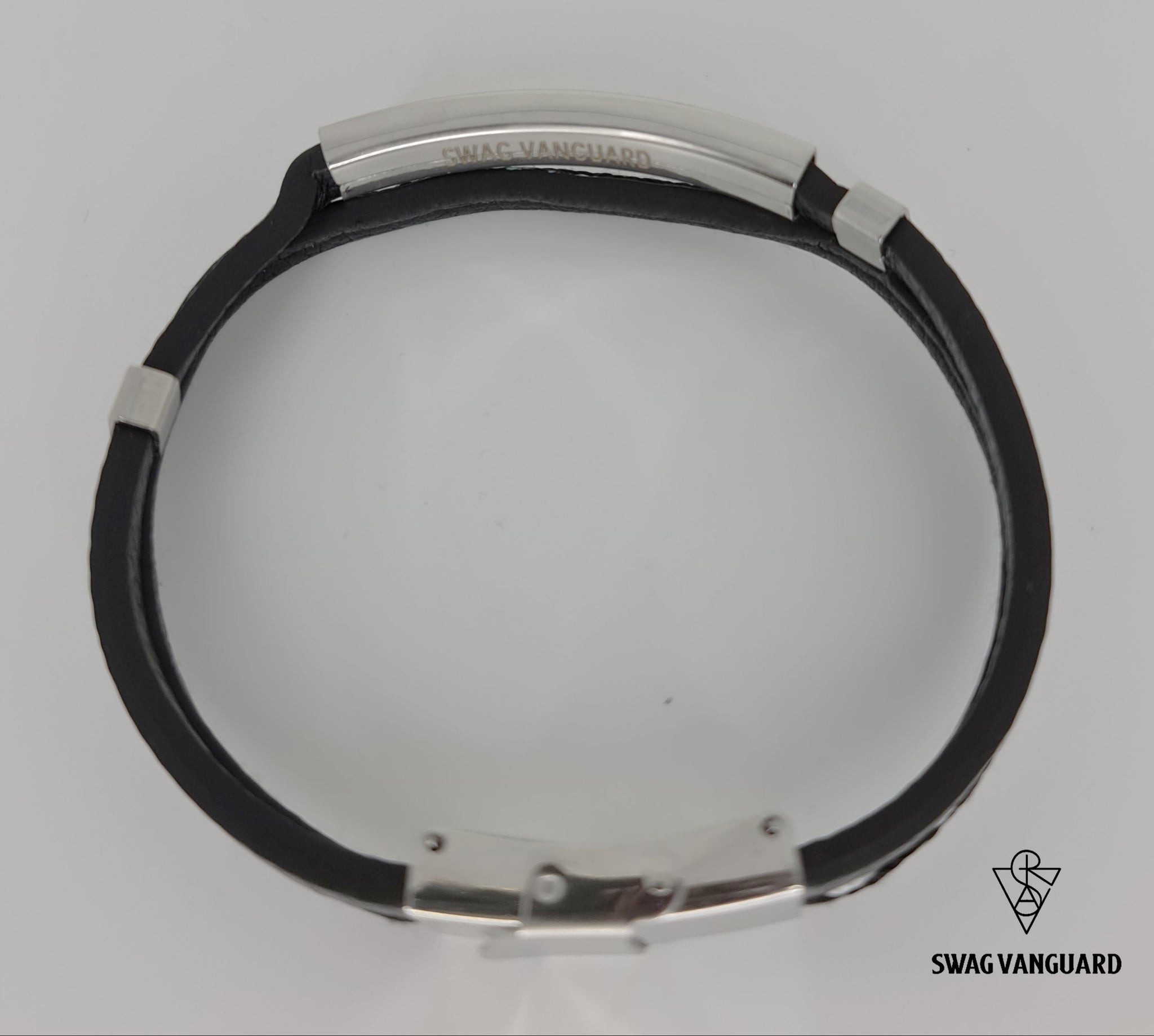 Stainless Steel Plate with Black Calf Leather Interlaced with White and Black Stitching