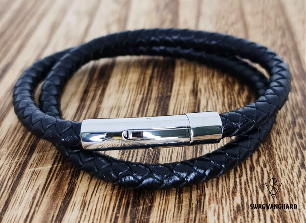 Two Layers Braided Black Leather with Stainless Steel Clasps