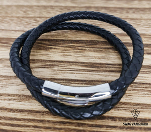Two Layers Braided Black Leather with Stainless Steel Clasps