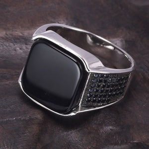 Pure 925 Sterling Silver with Black Natural Agate Stone with Black Zircon