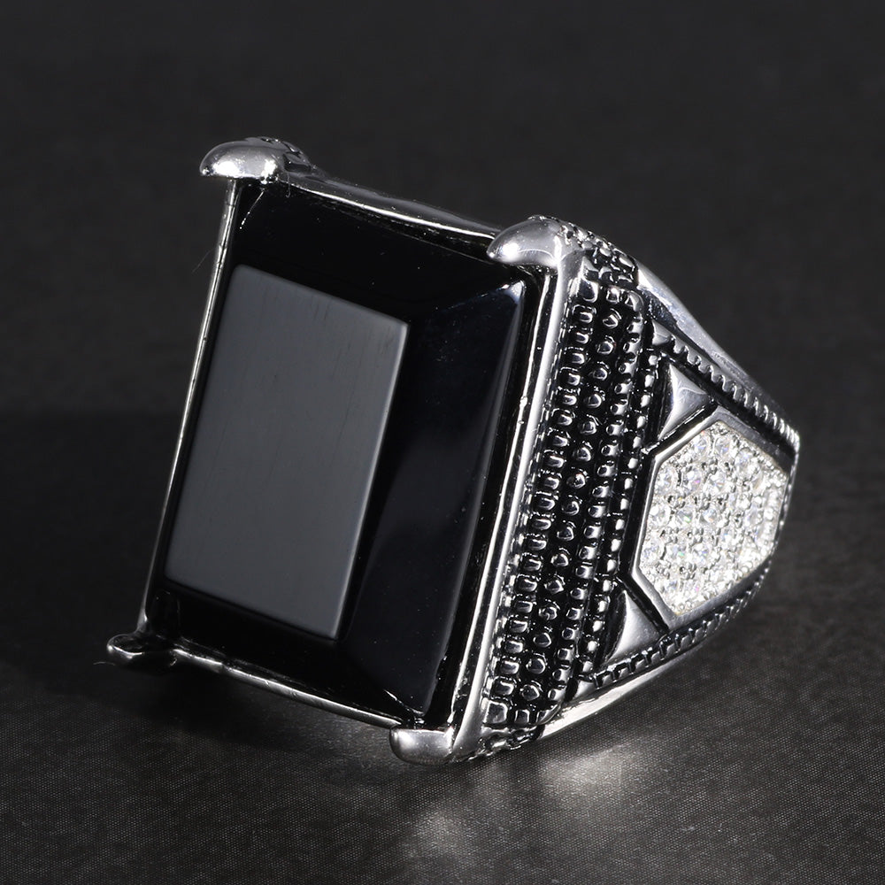 Pure 925 Sterling Silver with Natural Black Agate & Zircon Stone