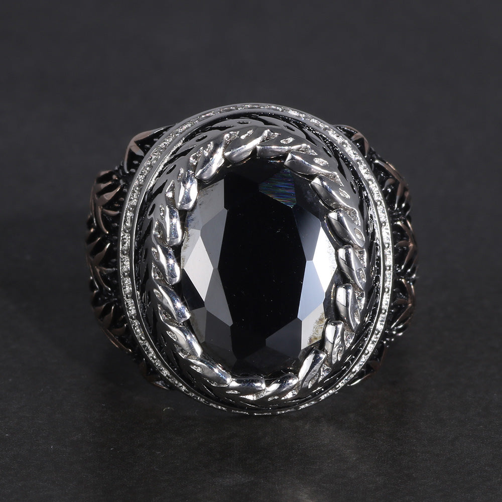 Pure 925 Sterling Silver with Natural Black Agate and Zircon Stone