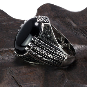 Pure 925 Sterling Silver Rings With Black Agate and Black Zircon Stone