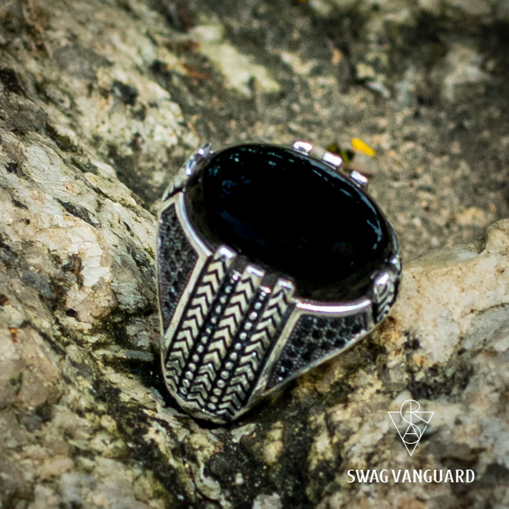 Pure 925 Sterling Silver Rings With Black Agate and Black Zircon Stone